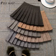 JLI мая, юбка с высокой талией, Осень-зима, однотонная, имперская, клетчатая, плиссированная, шерстяная, короткая, женская, плюс размер, консервативный стиль