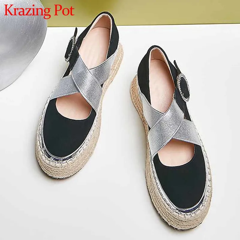 

Krazing Pot mixed colors energy fashion sheep suede buckle straps round toe high heels thick bottom preppy style women pumps L37