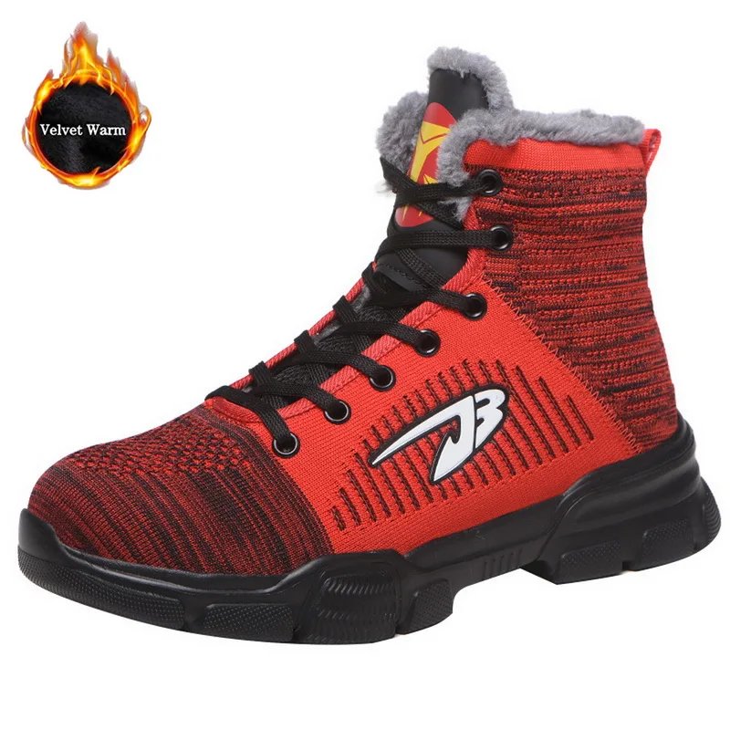 Red with fur Прямая поставка; Сезон Зима; Новинка; Мужская Рабочая обувь из хлопка со стальным носком; высокие ботинки с мехом; Мужская защитная обувь с защитой от проколов - Цвет: Red with fur