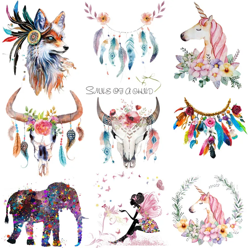 

Cartoon Patch Feather Animal Patches Thermo Stickers On Clothes Elephant Cattle Iron On Transfers For Clothing Heat Transfer DIY