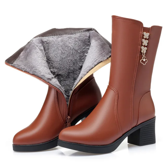 ALISHINREY Winter Boots Wool Fur Inside Warm Shoes Women Wedges Heels Soft Leather Shoes Platform Snow Boots Footwear Botas - Цвет: Коричневый