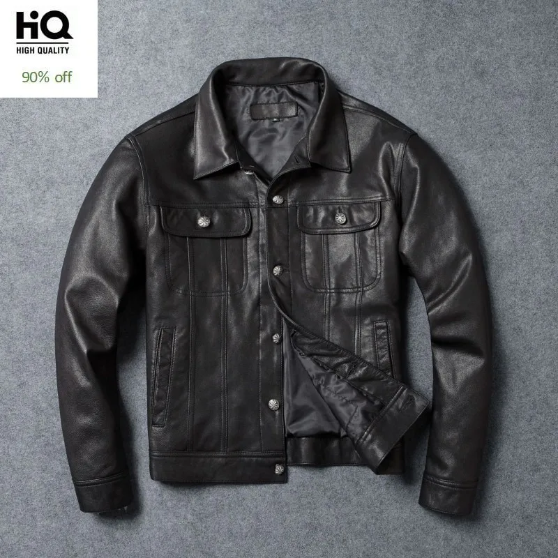 

Spring Fall Men Genuine Leather Jacket Slim Short Single Breasted Leather Coat Plus Size 5XL Washed Vintage Sheepskin Jacket Men