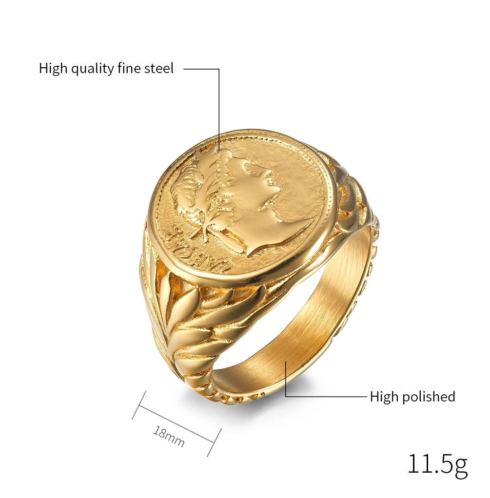 Roman Gaius Julius Caesar Head Rings Vintage Stainless Steel Coin Jules Caesar Ring for Men Male Warrior Jewelry