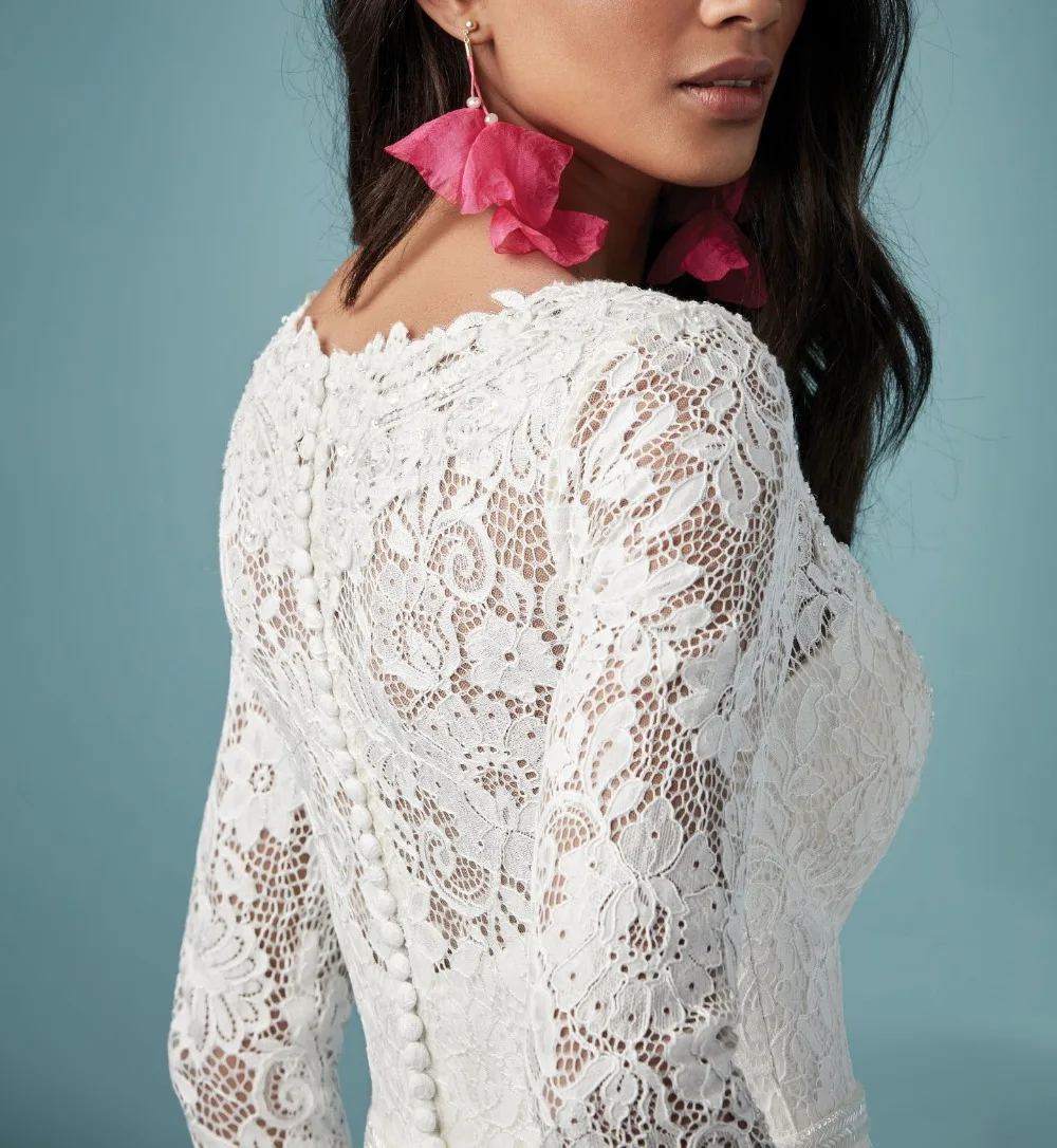 Exqusite Белое кружево Vestidos De Novia глубокий v-образный вырез молния с пуговицами естественная талия Длинные рукава Иллюзия Свадебные платья