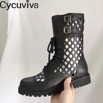 

Desginer Cut Out Chelsea Ankle Boots For Women Genuine Leather Brand Shoes Femme Round Toe Flat Knight Boots Runway Botas Mujer