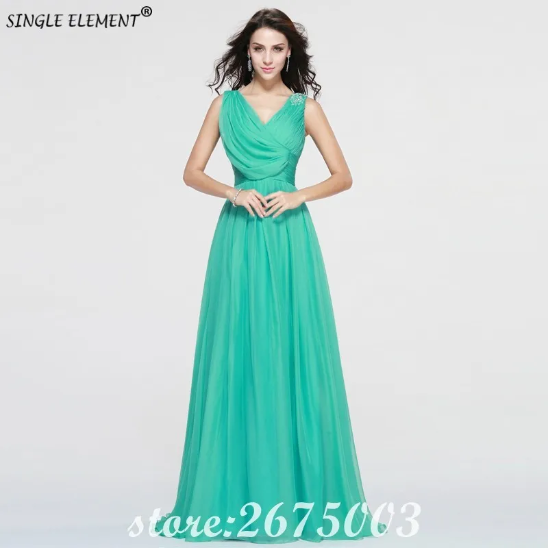 

SINGLE ELEMENT Pleated Green Chiffon Simple Long Bridesmaid Dress V Neck