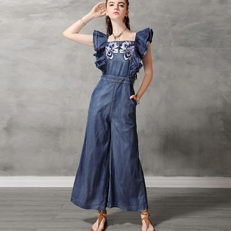 

Free Shipping New Fashion Sleeveless Women Wide Leg Denim Embroidery Jumpsuit And Rompers S-XL Thin Summer Trousers With Zipper