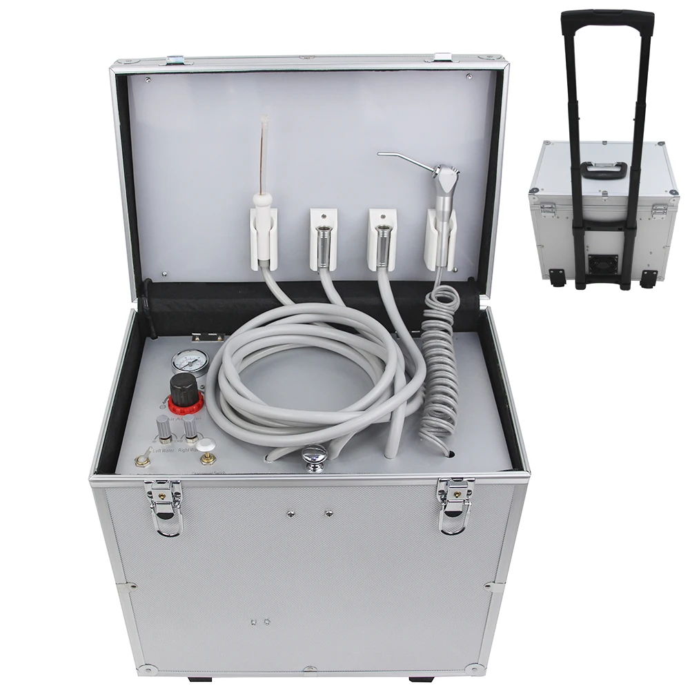 

Portable Dental Unit with High and low speed HP Pipe,3 Way Syringe, Oilless Air Compressor, Water bottle, Foot Control
