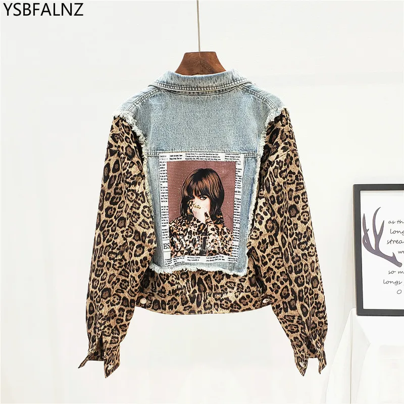 

Blue Denim Jacket Women 2020 Autumn Retro Patch Leopard Stitching Black Jean Short Coat Loose Motorcycle Tide Jaquetas Fashion