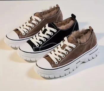 

Vulcanize Pig skin Shoes Women Rabbit hair Sneakers Comfortable Warm Flat Casual Shoes Shoe Trainers Soft Walking Footwear O5-95