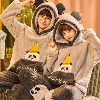

Unisex Adult Couple Pajamas Men Flannel Pajamas Set Thickening Female Sleepwear Winter Warm Animal Cartoon Home Service Pyjamas