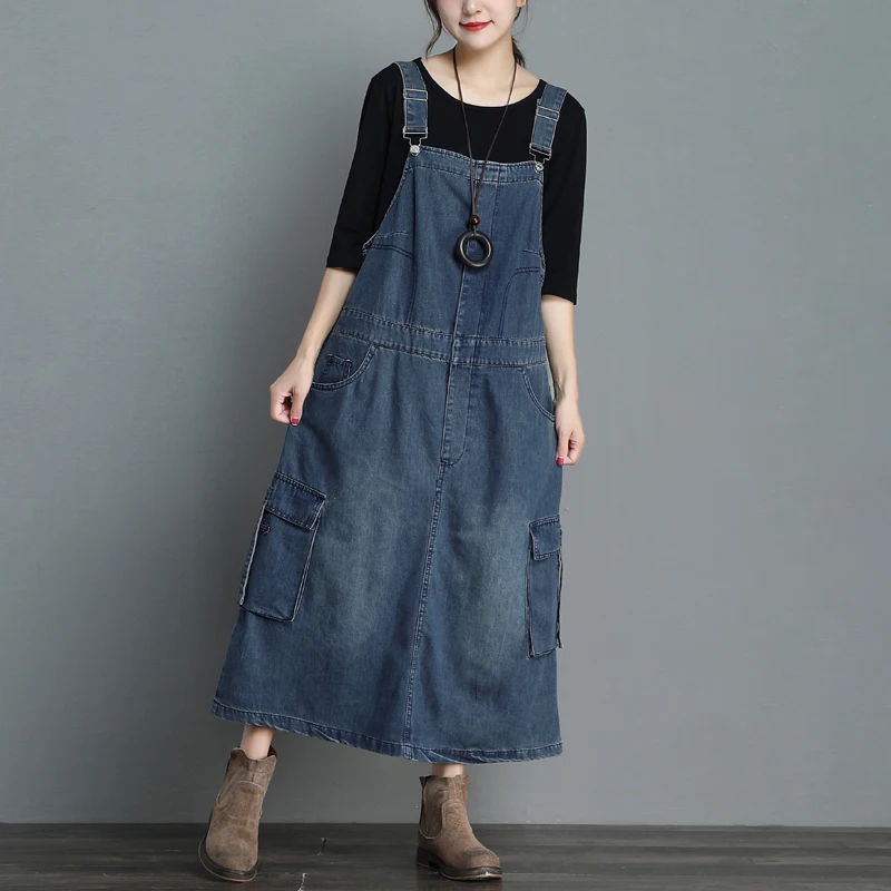 Premisse Dekking auteur Maxi Denim Jurk Vrouwen Baggy Bretels A lijn Jean Jurken Casual Plus Size  Grote Zak Bib Lange Rompertjes Cowboy Jurk Vestidos|Jurken| - AliExpress