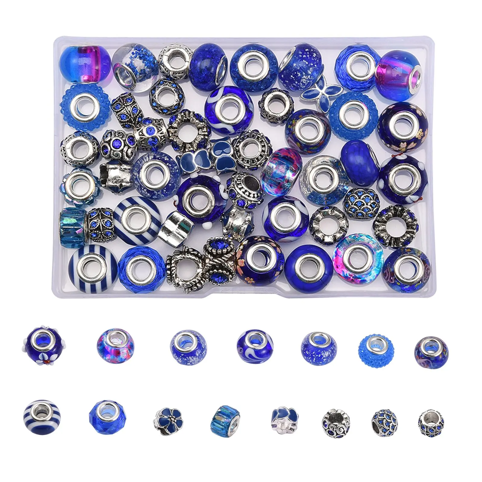 

50Pcs/box Blue Mixed Style Glass European Beads Large Hole Spacer Bead For DIY Bracelet Jewelry Making Findings