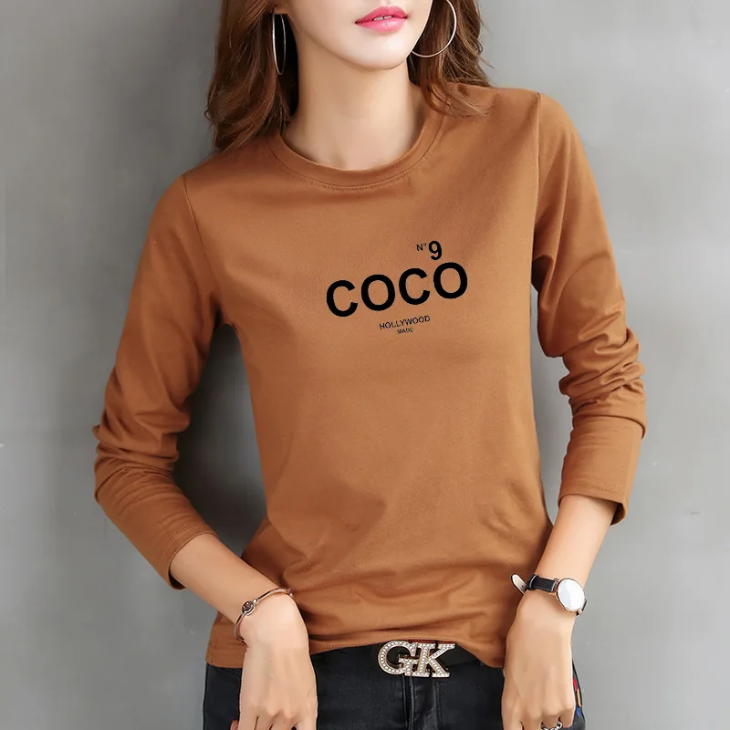 

2019 New Clothes Women black coco Fashion T-shirts Plus Size Print Round Neck Long Sleeved Casual T-shirt Female Autumn tops