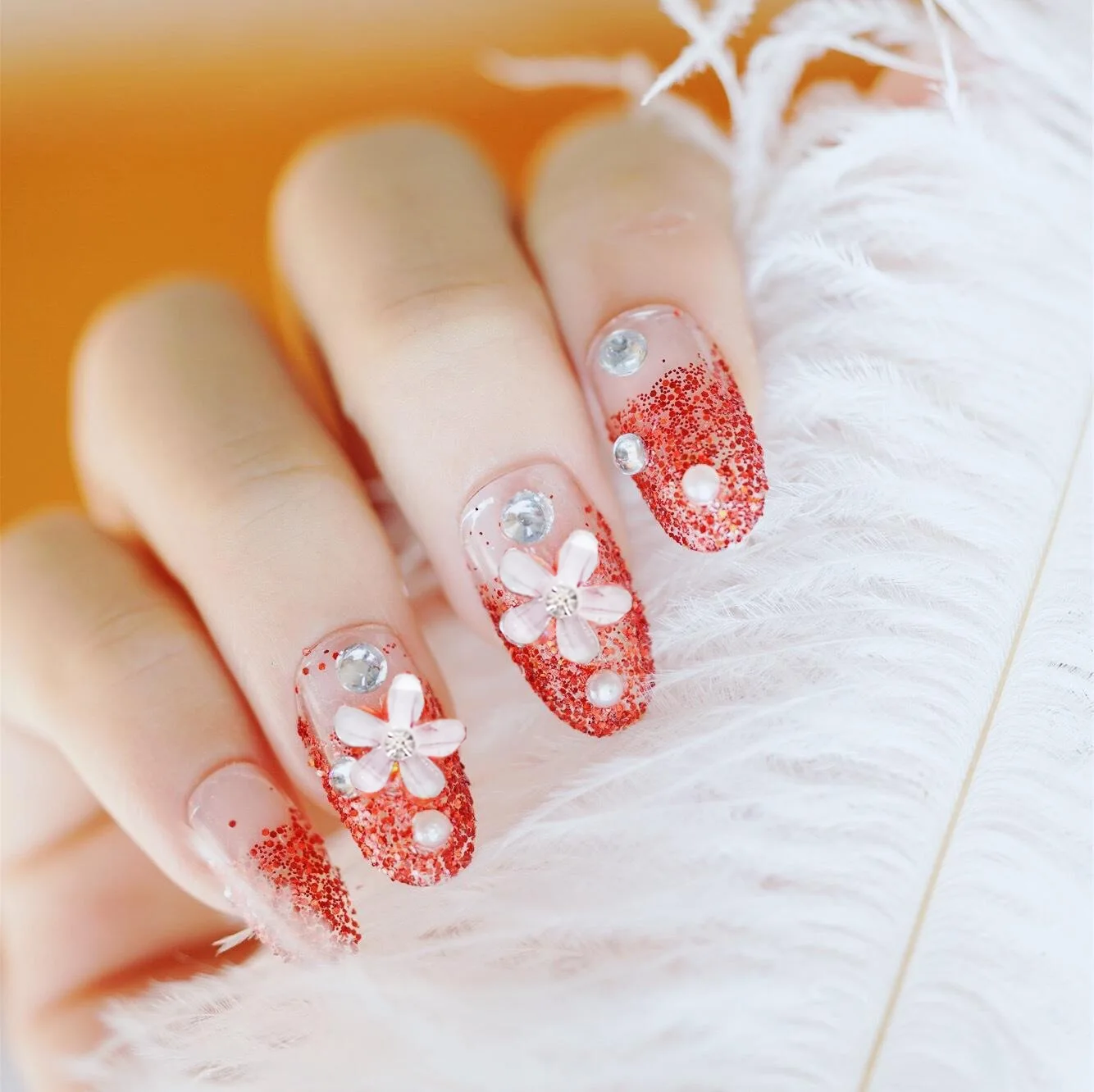 329-Red Handmade Small Flower Gum-Finished Product xin niang kuan Nail Tip Fake Nails Patch Manicure