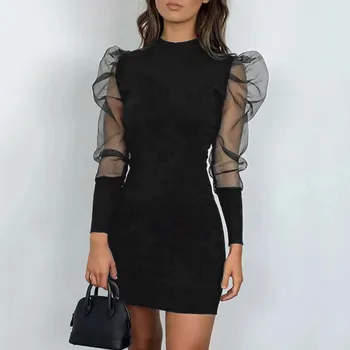 

Fashion Women O-Neck Lantern Sleeve Perspective Mesh Sleeve Casual Mini Dress