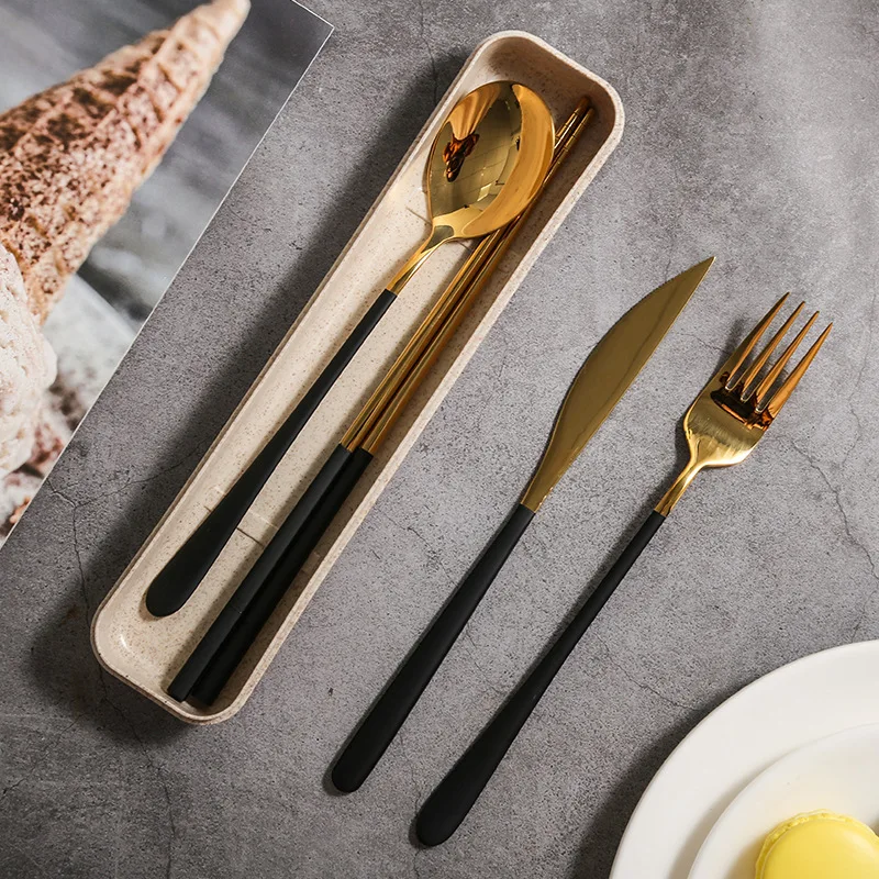 

4Pcs/set Dinnerware Set 304 Stainless Steel Black Cutlery Set Knife Fork Set Tableware Gold Chopsticks Drop Shipping