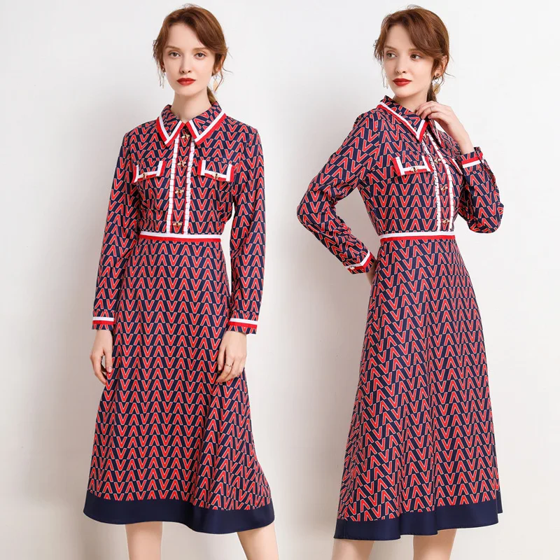 

Europe And America Fashion WOMEN'S Dress New Style Fold-down Collar Webbing Joint Small Bee Lettered Floral Printed Dress