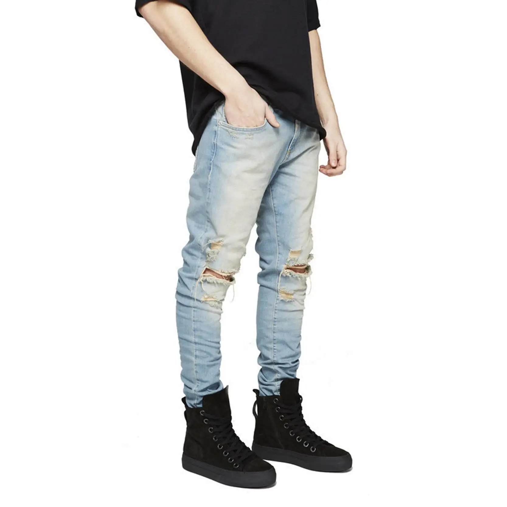 GODLIKEU Mens Destroy Distressed Jeans Ripped Skinny Black Biker Moto Hip Hop Urban Denim Pants