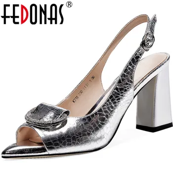 

FEDONAS Fashion Metal Decoration Summer Sandals For Women Retro Genune Leather High Heels Pumps New Arrival Buckle Shoes Woman
