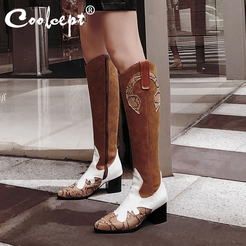 

Coolcept Plus Size 32-48 Wome Knee Boots Fashion Zipper Warm Fur Winter Shoes Women Patchwork Long Boots Lady High Heel Footwear