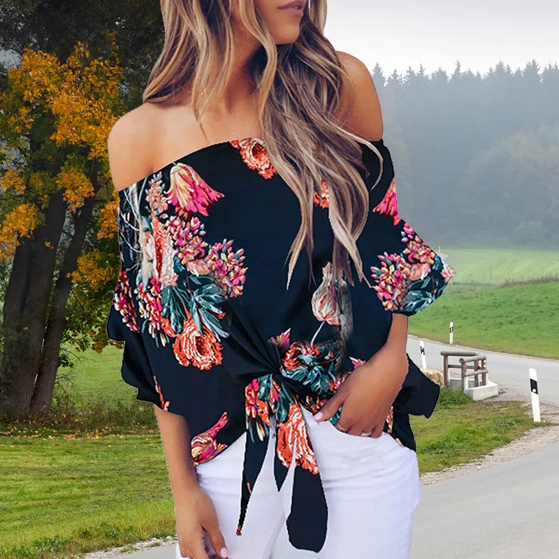 Blusa holgada informal con hombros descubiertos para primavera y verano, camisa Sexy con estampado Floral para mujer, de talla grande