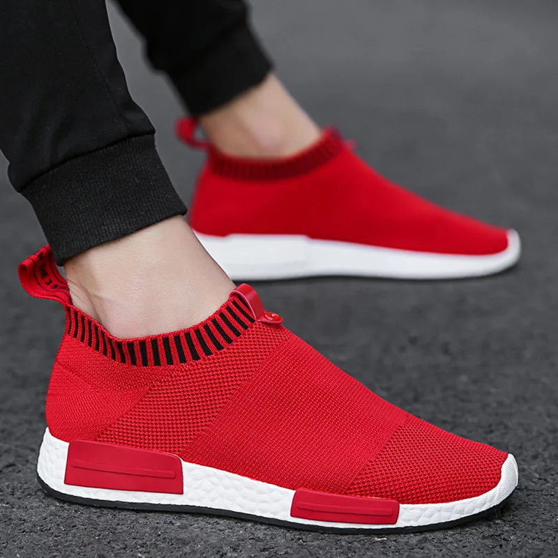 SHUJIN Male Sneakers Lace Up Vulcanize Sneakers Shoes Men Socks Stretch Fabric Breathable Light Mesh Shallow Flats Casual Shoes