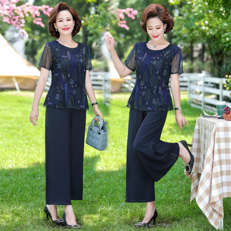 Mother Summer Short Sleeve T-shirt ops + Pants Middle-aged Women Clothes Temperament Two Pieces of Suits Female Age 2 Pieces Set two piece skirt set