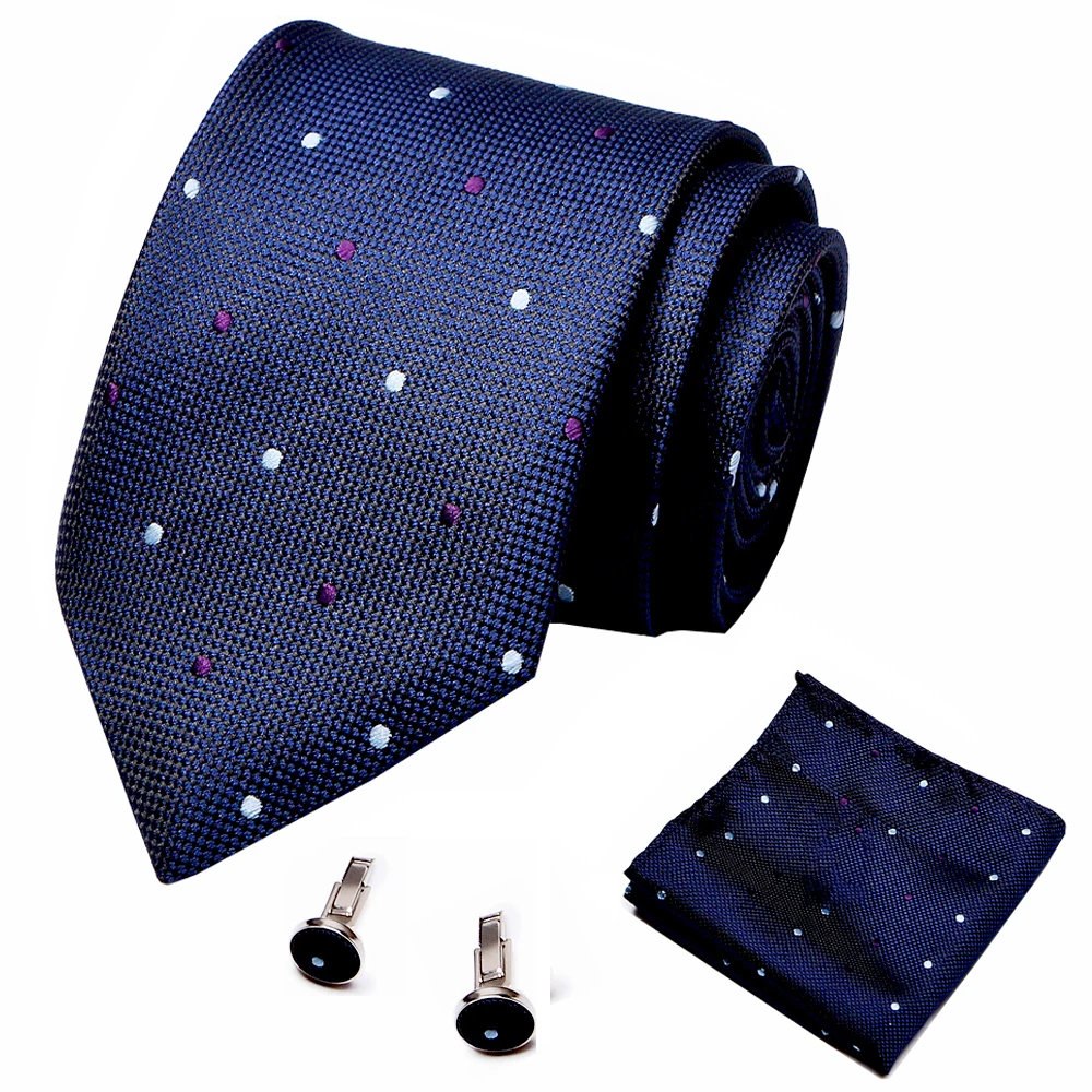 

Men's 7.5cm 100% Dot Necktie Luxury Dark Blue Tie Set Wedding Tie Hanky Cufflinks Set
