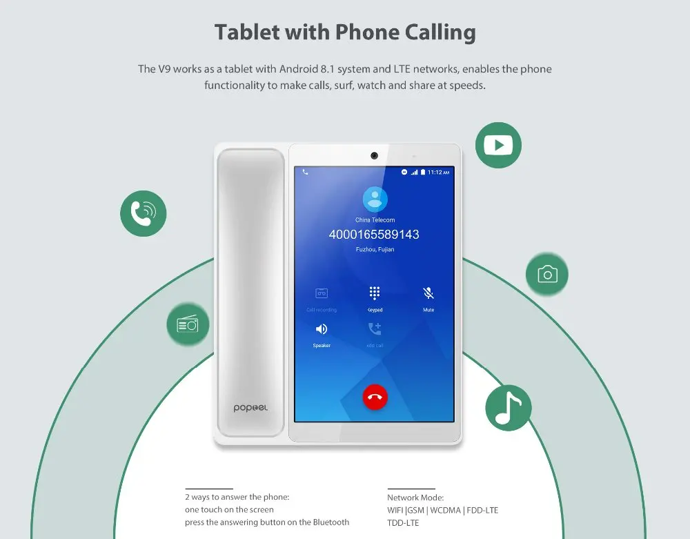 Poptel V9 Google play видеофон 8 дюймов 2g/16g bluetooth трубка для дома и офиса IOT устройство планшет телефон Примечание поддержка стола