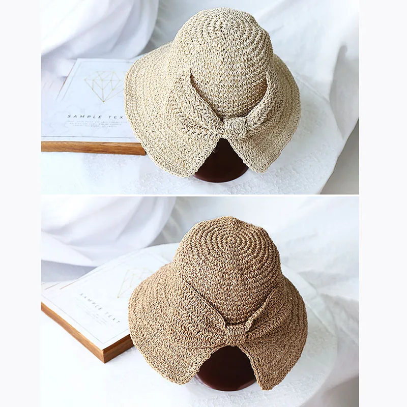 2021 Handmade 100%Raffia Bow Sun Hat Wide Brim Floppy Summer Hats