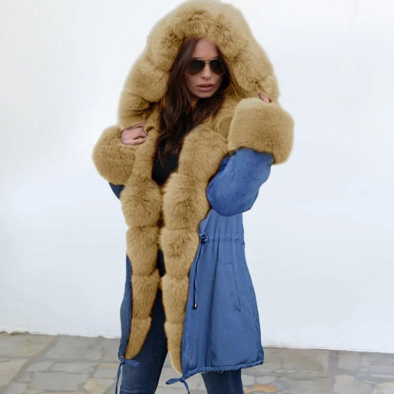 Женское пальто с меховой подкладкой, женская зимняя теплая Толстая длинная повседневная куртка, парка с капюшоном, Женское пальто, пальто wwz23