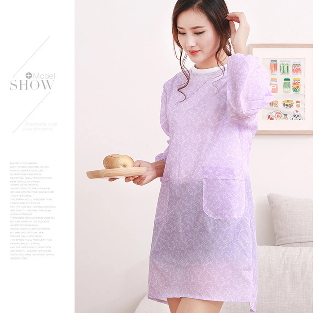 Home Cooking Kitchen Apron Women Floral Waterproof Long Sleeve Kitchen Cooking Baking Apron Working Smock Big Pocket Apron