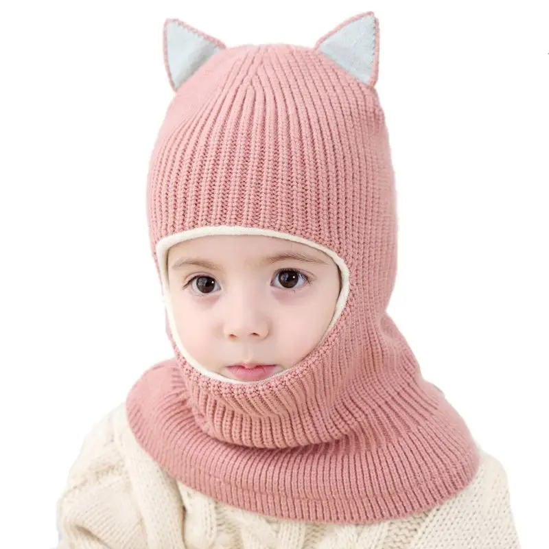 Cute Cat Ears Winter Warm Children Knitted Hats Baby Girls Boy Fleece Lining Hat
