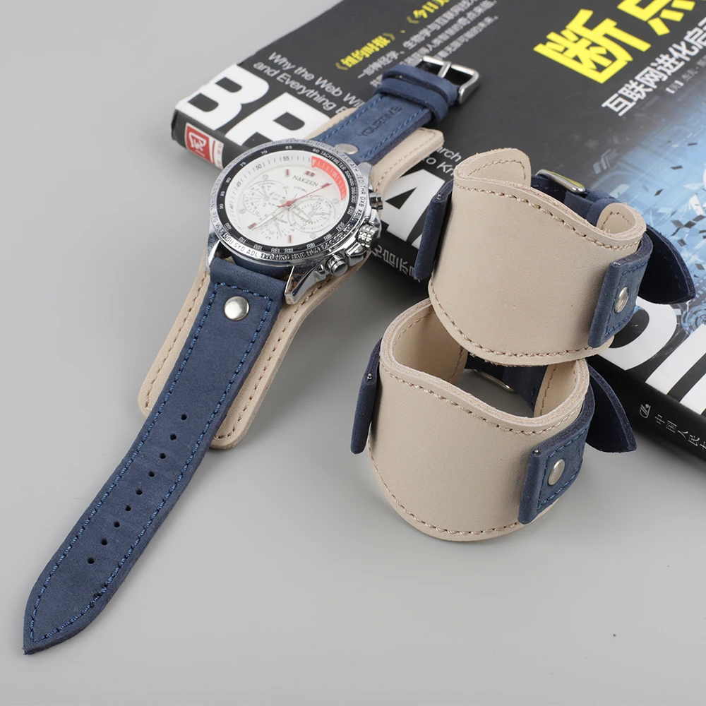 Genuine Leather Watchband 22mm Strap With Mat Handmade Men's Wrist Watch Band Blue White Tray Bands Bracelet Watch Accessories