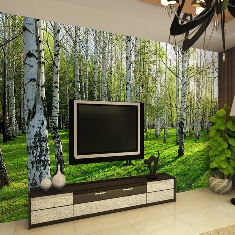 

Drop Shipping Custom 3D Three-dimensional Mural Wallpaper Sofa TV Background Wallpaper Green Birch Forest Photo Wallpaper