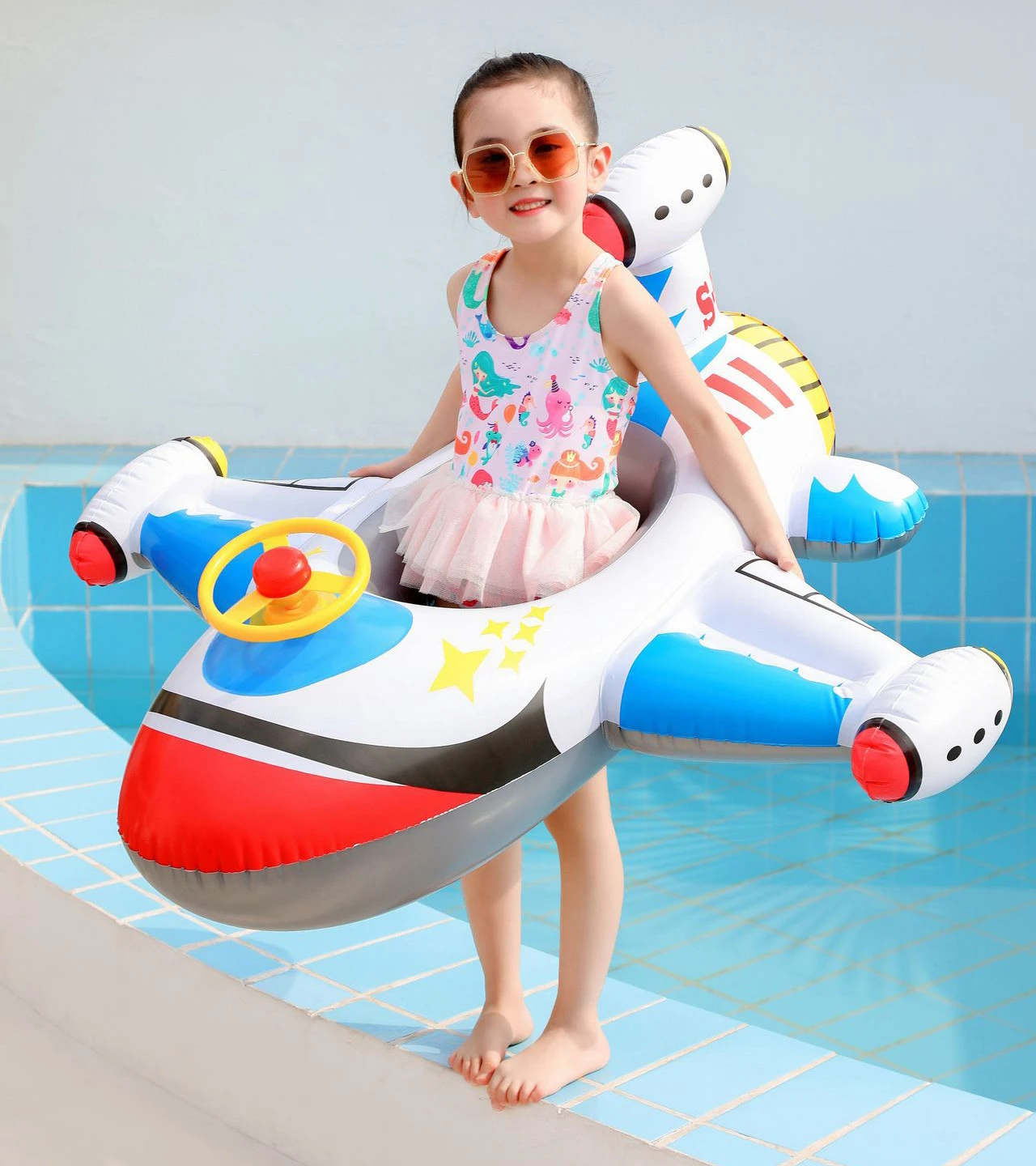 Aircraft Shaped Baby Swimming Float Boat With Steering Wheel Horn Pool
