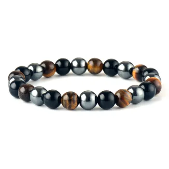 Mens Women Black Onyx Tiger Eye Hematite Protection Bracelets Natural Stone Punk Bead Bracelet Unisex Couples Jewelry
