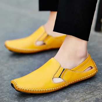 

Casual Fashion Men Leather Driving Shoes Plus Size 45 46 47 Sewing Design Men Light Soft Loafers Slip-on Footwear