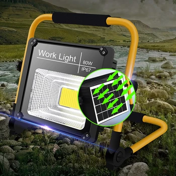 

80W Solar Working Light Waterproof IP67 Built in 18650 Battery Charge in Sun or Usb Rechargeable Industrial Portable Flood Lamp