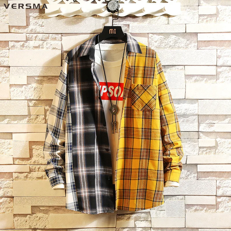 

VERSMA Korean Harajuku BF SUGA Patchwork Plaid Shirts Men Autumn Chic High Street Hip Hop Oversized Shirt Male 5XL Dropshipping