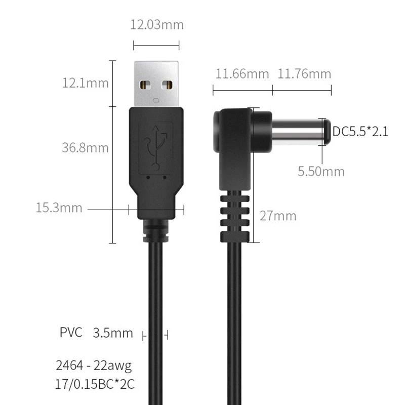 USB Charging Cable 2M DC5.5*2.1 Elbow 90 Angled