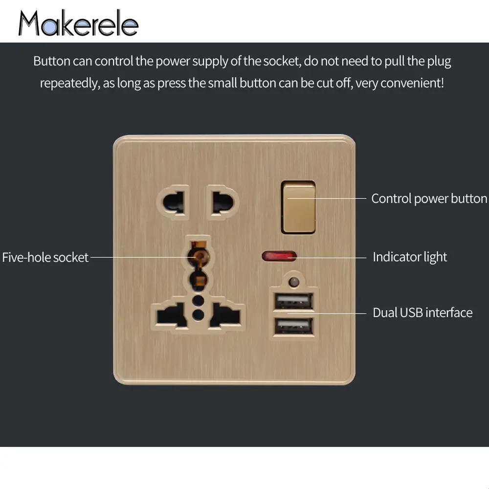 13A универсальная настенная розетка переключатель управления розетка 5 отверстий 2USB умный индукционный порт зарядки для мобильного 5В 2.1A