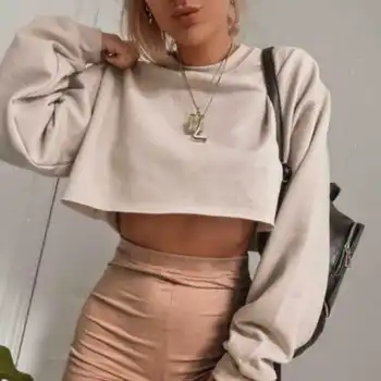 

Women Hoodies Sweatshirt Solid Color Crop Top Fashion Autumn Pullover Tops