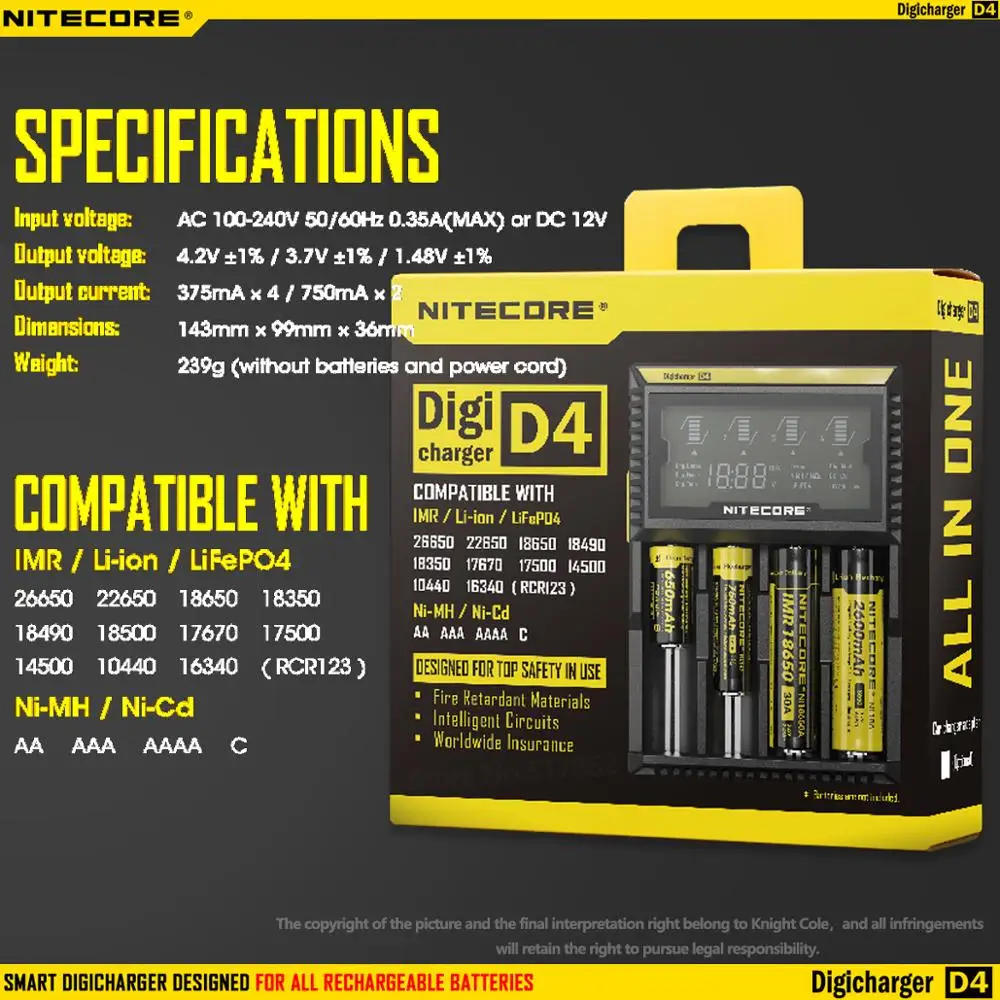 Original Nitecore D4 Battery Charger LCD Smart Charging for 18650 14500 16340 26650 Batteries 12V Charger for A AA AAA Batteries battery charger battery charger adapter