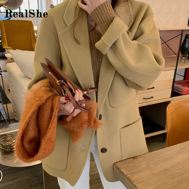 RealShe, Женская куртка, пальто с отложным воротником, с длинным рукавом, на пуговицах, зимняя куртка для женщин, весенняя, повседневная, элегантная, однотонная, шерстяное пальто для женщин