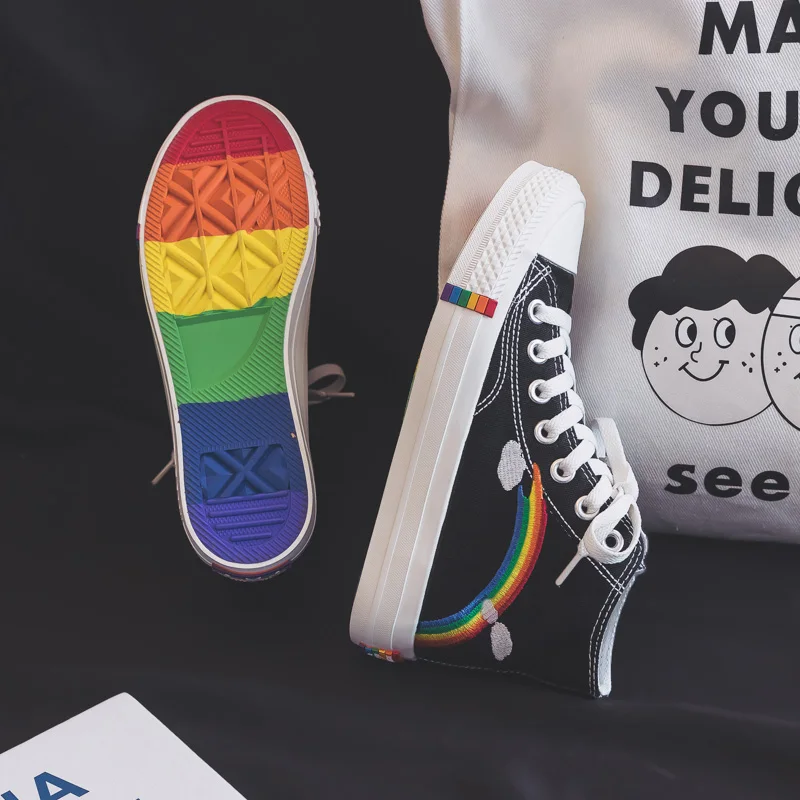 Tanie Moda damska 2020 buty wulkanizowane damskie sneakersy nowe Rainbow Retro brezentowe buty płaskie modne wygodne wysokie buty damskie