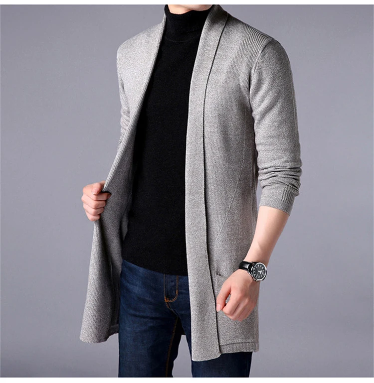 Men Long Style Cardigan Sweater New Fashion Spring and Autumn X-long Knit Sweater Jackets Solid Color Sweatercoat