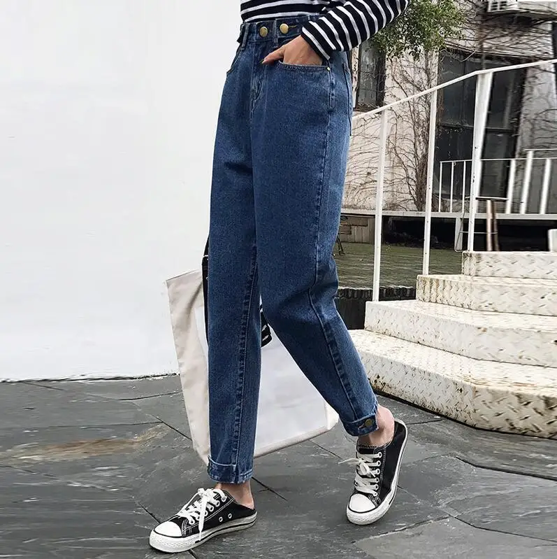 Dark Blue Женские джинсы бойфренда с высокой талией, свободные джинсы для мам размера плюс, модные джинсы, одежда,, новинка, синие, бежевые - Цвет: Dark Blue