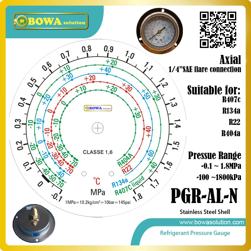 0,1~ МПа низкий хладагент Манометр с осевой передней установки фланца используется для R134a, R407c, R404a и R22